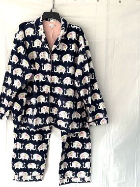 PJ Salvage Navy Elephant Print Flannel Cotton Pajama Set SZ XL Worn 2X